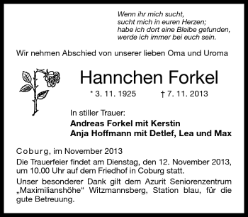 Traueranzeige von Hannchen Forkel von Neue Presse Coburg