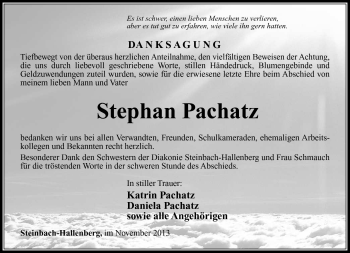 Traueranzeige von Stephan Pachatz von Südthüringer Presse