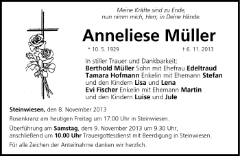 Traueranzeige von Anneliese Müller von Neue Presse Coburg