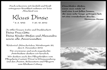 Traueranzeige von Klaus Dinse von Neue Presse Coburg