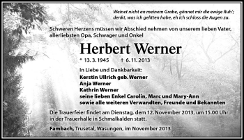 Traueranzeige von Herbert Werner von Südthüringer Presse