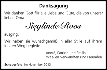 Traueranzeige von Sieglinde Roos von Neue Presse Coburg