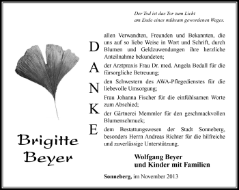 Traueranzeige von Brigitte Beyer von Südthüringer Presse