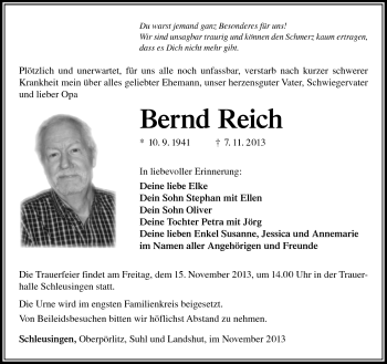 Traueranzeige von Bernd Reich von Südthüringer Presse