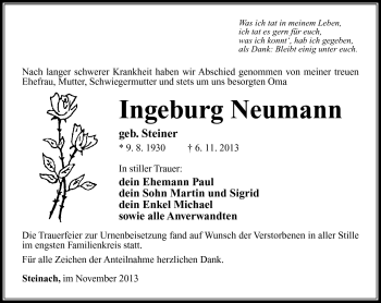 Traueranzeige von Ingeburg Neumann von Südthüringer Presse