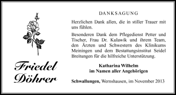 Traueranzeige von Friedel Döhrer von Südthüringer Presse