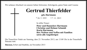 Traueranzeige von Gertrud Thierfelder von Südthüringer Presse