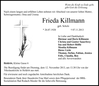 Traueranzeige von Frieda Killmann von Neue Presse Coburg