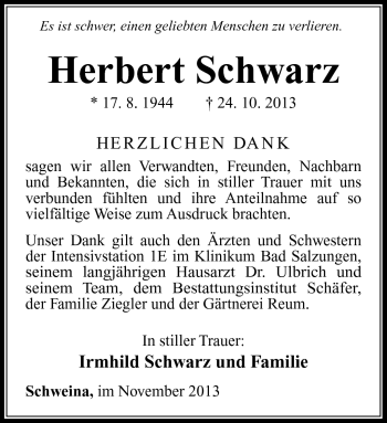 Traueranzeige von Herbert Schwarz von Südthüringer Presse
