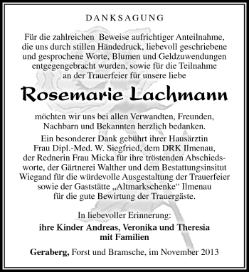Traueranzeige von Rosemarie Lachmann von Südthüringer Presse