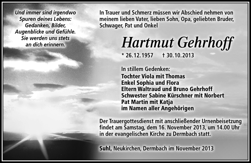  Traueranzeige für Hartmut Gehrhoff vom 12.11.2013 aus Südthüringer Presse