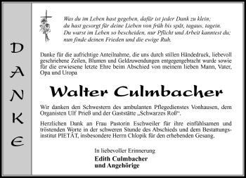 Traueranzeige von Walter Culmbacher von Südthüringer Presse