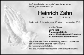 Traueranzeige von Heinrich Zahn von Frankenpost