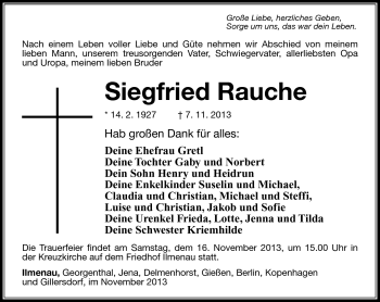 Traueranzeige von Siegfried Rauche von Südthüringer Presse