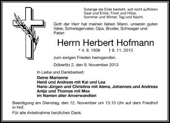 Traueranzeige von Herbert Hofmann von Frankenpost