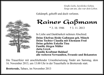 Traueranzeige von Rainer Gaßmann von Südthüringer Presse