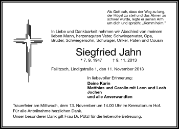 Traueranzeige von Siegfried ^Jahn von Frankenpost