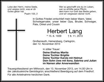 Traueranzeige von Herbert Lang von Frankenpost
