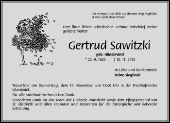 Traueranzeige von Gertrud Sawitzki von Frankenpost