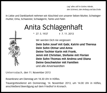 Traueranzeige von Anita Schlagenhaft von Neue Presse Coburg