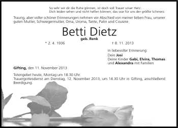 Traueranzeige von Betti Dietz von Neue Presse Coburg