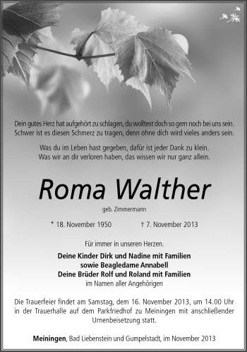 Traueranzeige von Roma Walther von Südthüringer Presse