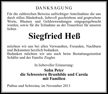 Traueranzeige von Siegfried Heß von Südthüringer Presse