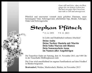 Traueranzeige von Stephan Pfütsch von Südthüringer Presse