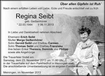 Traueranzeige von Regina Seibt von Südthüringer Presse
