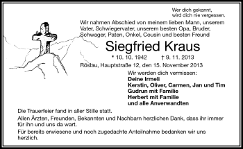 Traueranzeige von Siegfried Kraus von Frankenpost