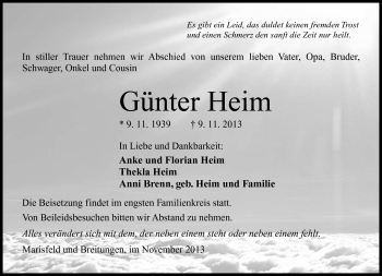 Traueranzeige von Günter Heim von Südthüringer Presse