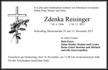 Traueranzeige von Zdenka Reisinger von Frankenpost