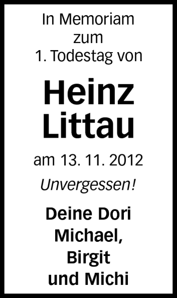 Traueranzeige von Heinz Littau von Neue Presse Coburg