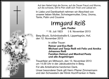 Traueranzeige von Irmgard Reiß von Frankenpost