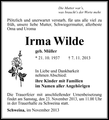 Traueranzeige von Irma Wilde von Südthüringer Presse