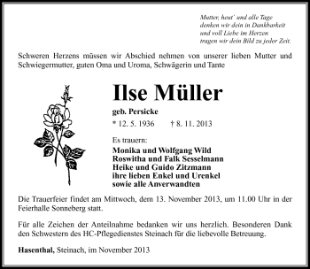 Traueranzeige von Ilse Müller von Südthüringer Presse