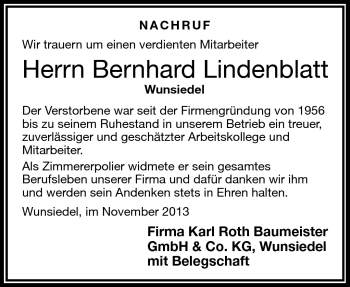 Traueranzeige von Bernhard Lindenblatt von Frankenpost