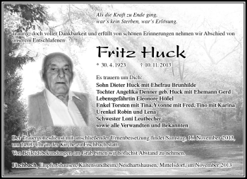 Traueranzeige von Fritz Huck von Südthüringer Presse