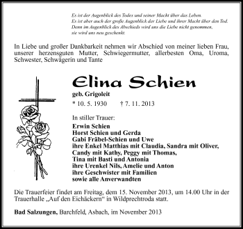 Traueranzeige von Elina Schien von Südthüringer Presse