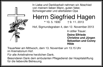 Traueranzeige von Siegfried Hagen von Frankenpost