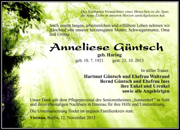 Traueranzeige von Anneliese Güntsch von Südthüringer Presse