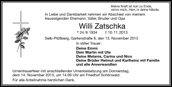 Traueranzeige von Willi Zatschka von Frankenpost