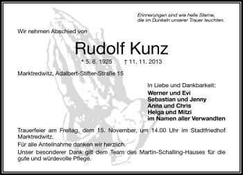 Traueranzeige von Rudolf Kunz von Frankenpost