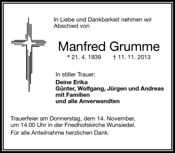 Traueranzeige von Manfred Grumme von Frankenpost