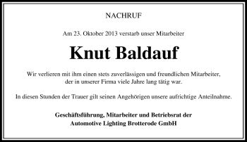 Traueranzeige von Knut Baldauf von Südthüringer Presse