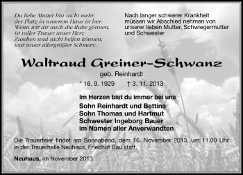 Traueranzeige von Waltraud Greiner-Schwanz von Südthüringer Presse