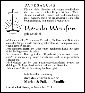 Traueranzeige von Ursula Weufen von Südthüringer Presse