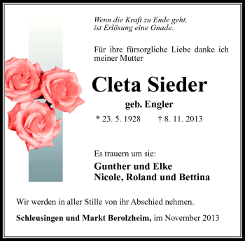 Traueranzeige von Cleta Sieder von Südthüringer Presse
