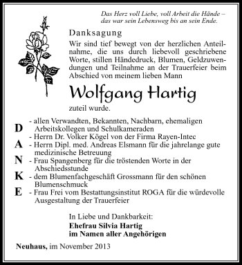 Traueranzeige von Wolfgang Hartig von Südthüringer Presse