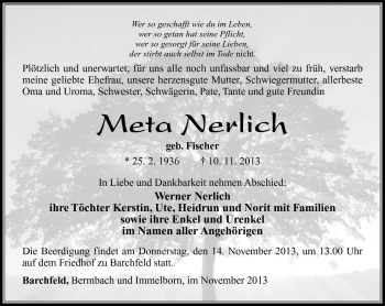 Traueranzeige von Meta Nerlich von Südthüringer Presse